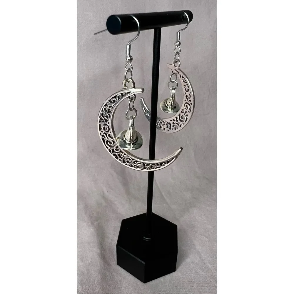 Handmade Silver Dangly Crescent Moon Earrings With Witches Hat